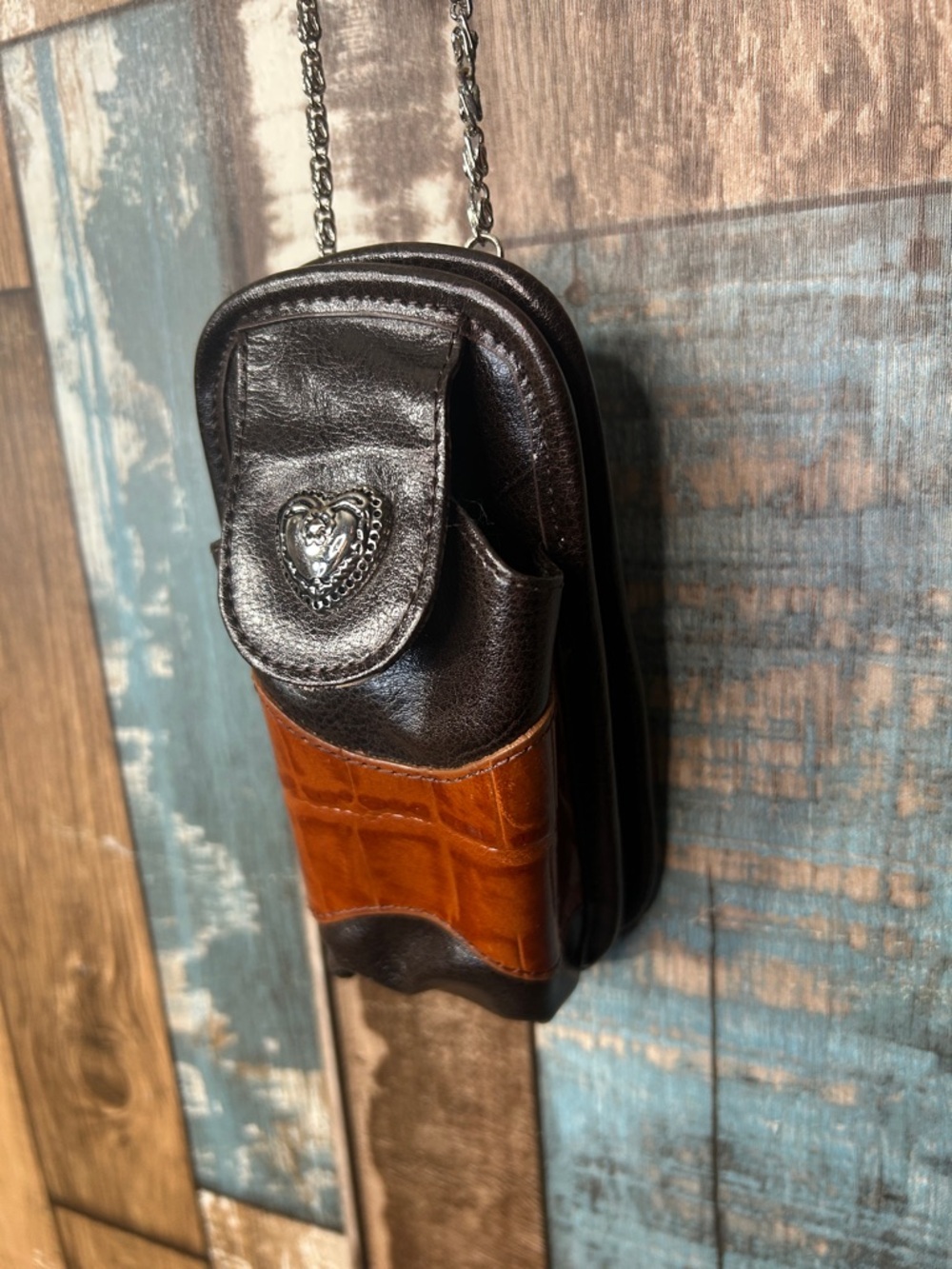 Heart detail Brown & Black Leather Crossbody Pouch with Chain